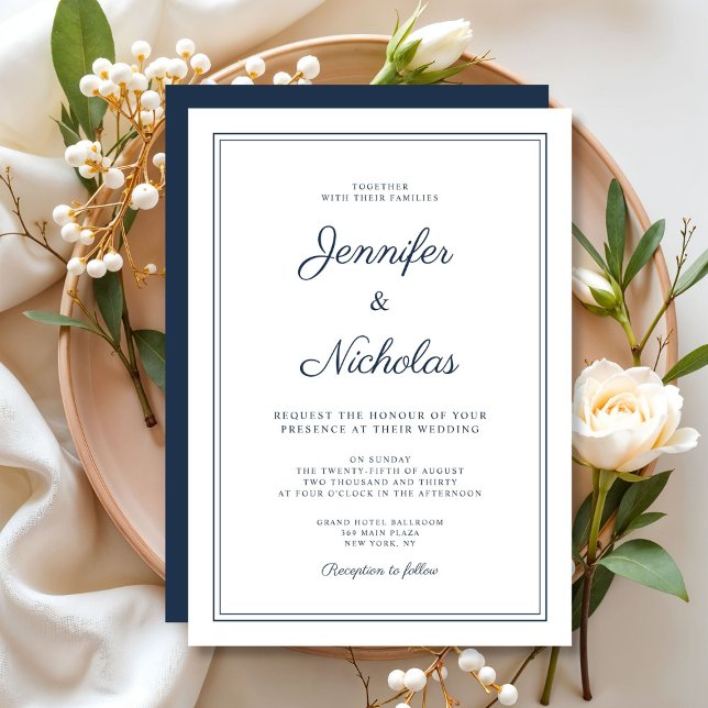 Invitación Elegant Modern Navy Blue Script Wedding (Elegant Modern Navy Blue Script Wedding Invitation)