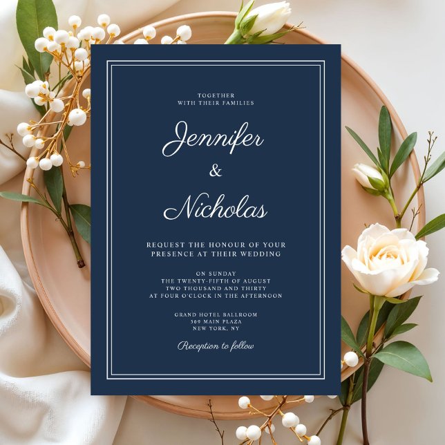Invitación Elegant Modern Navy Blue Script Wedding (Elegant Modern Navy Blue Script Wedding Invitation)