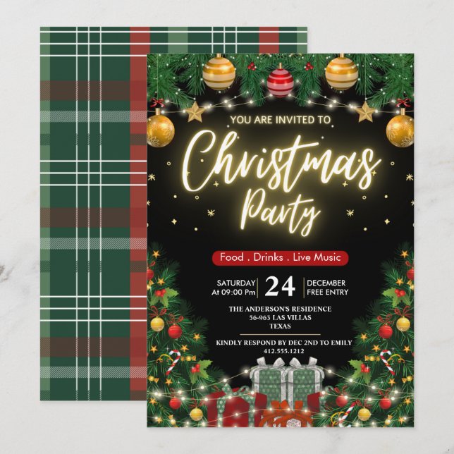 Invitación Elegant Modern Plaid Green Christmas Party  (Anverso / Reverso)