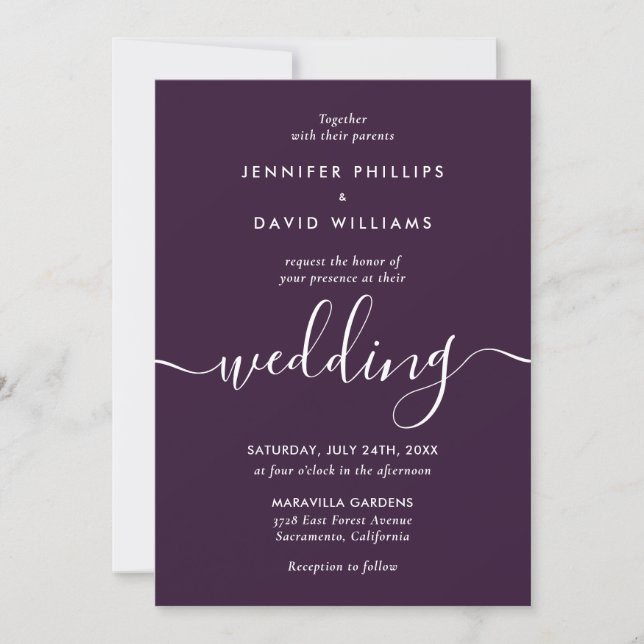 Invitación Elegant Modern Script Purple Wedding (Anverso)