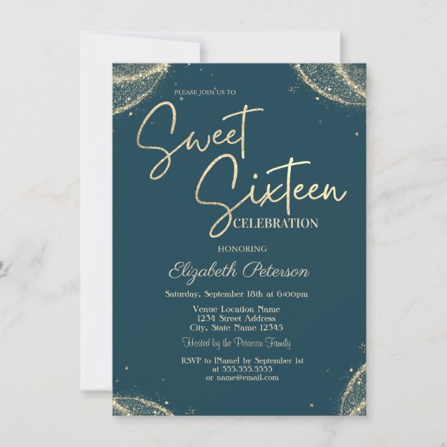 Invitación Elegant Modern Simple Gold Glitter  Sweet 16  (Anverso)