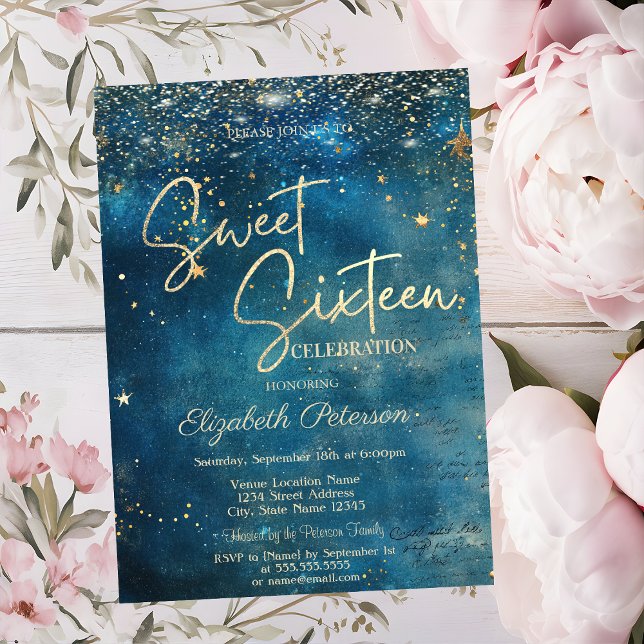 Invitación Elegant Modern Stars Blue Sweet 16 (Subido por el creador)