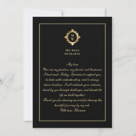 Invitación Elegant Monogram Black Gold Wedding Vow Card