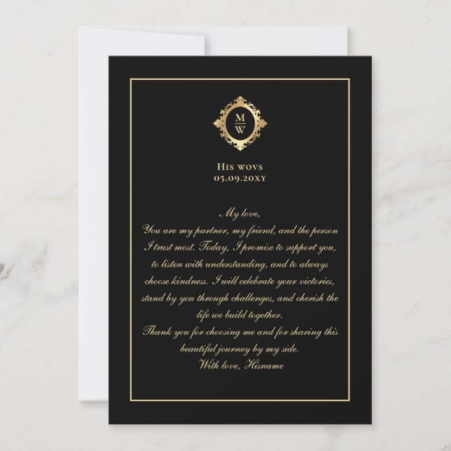 Invitación Elegant Monogram Black Gold Wedding Vow Card (Anverso)