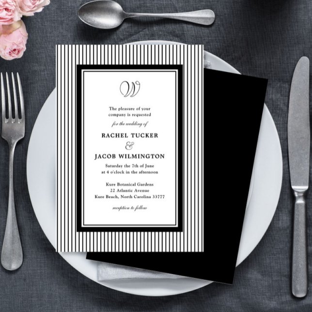 Invitación Elegant Monogram Black & White Striped Wedding (Subido por el creador)