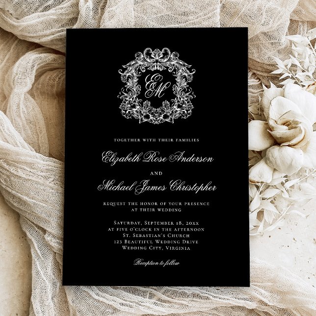 Invitación Elegant Monogram Crest Black Wedding (Subido por el creador)