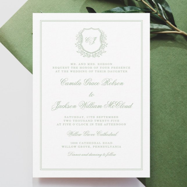 Invitación Elegant Monogram Crest Sage Green Wedding (Subido por el creador)