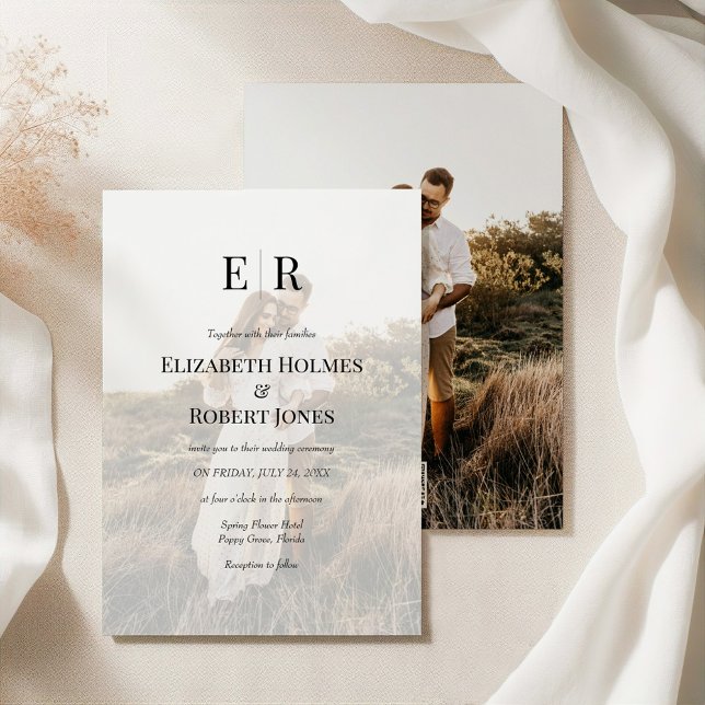 Invitación Elegant Monogram Custom Photo QR Code Wedding  (Elegant Monogram Custom Photo QR Code Wedding Invitation on an elegant silky tablecloth)