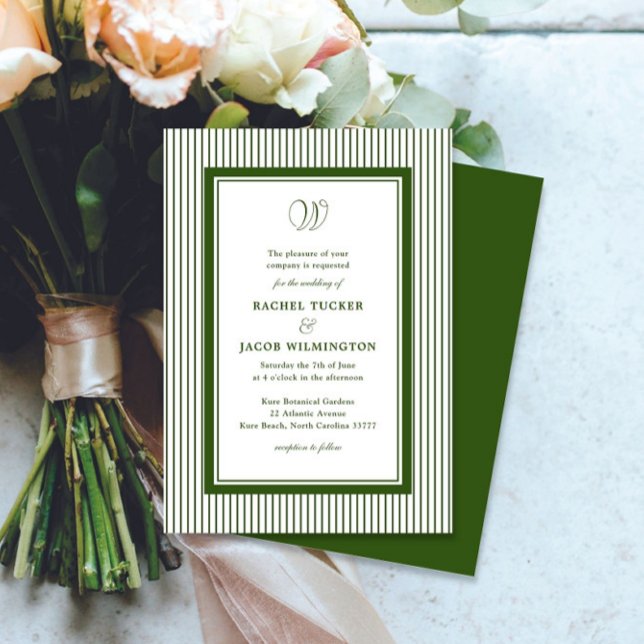 Invitación Elegant Monogram Forest Green Striped Wedding (Subido por el creador)
