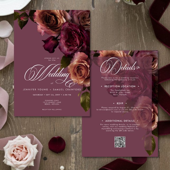 Invitación Elegant Moody Rust Burgundy Floral QR Code Wedding (Subido por el creador)