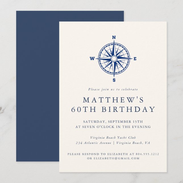 Invitación Elegant Nautical Compass Adult Birthday Party  (Anverso / Reverso)