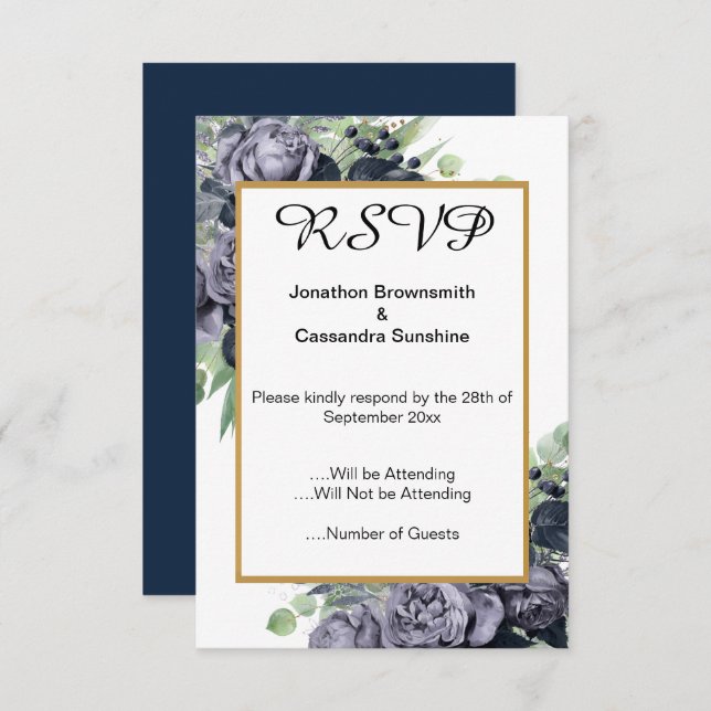 INVITACIÓN ELEGANT NAVY  AZUL ORO EUCALIPTO ROSA  RSVP (Anverso / Reverso)