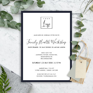 INVITACIÓN ELEGANT NAVY BLANCO TU LOGO TALLER EVENTO CENA