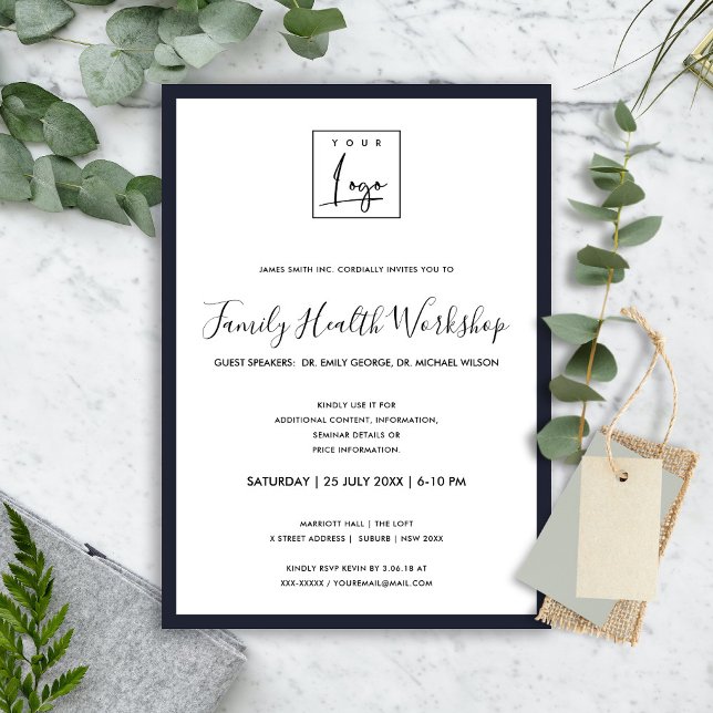 INVITACIÓN ELEGANT NAVY BLANCO TU LOGO WORKSHOP EVENTO CENA (Subido por el creador)