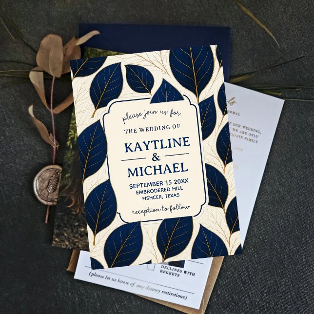 Invitación Elegant Navy Blue and Gold Leaf Botanical (Subido por el creador)