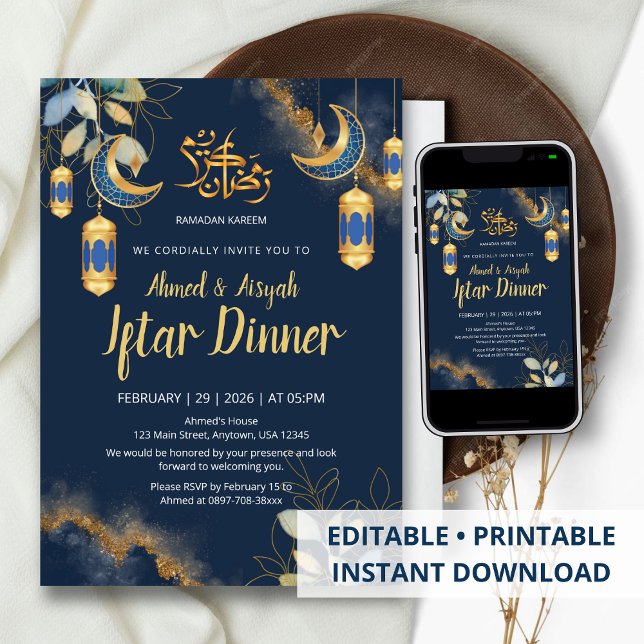 Invitación Elegant Navy Blue and Gold Watercolor Iftar (Subido por el creador)