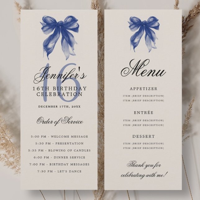 Invitación Elegant Navy Blue Bow 16th Birthday Program Menu (Elegant Navy Blue Bow 16th Birthday Program Menu)