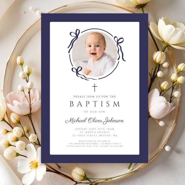 Invitación Elegant Navy Blue Bow Photo Baptism (Elegant Navy Blue Bow Photo Baptism Invitation)