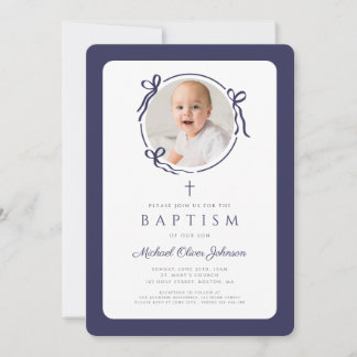 Invitación Elegant Navy Blue Bow Photo Boy Baptism