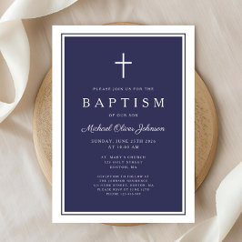 Invitación Elegant Navy Blue Cross Baby Boy Baptism