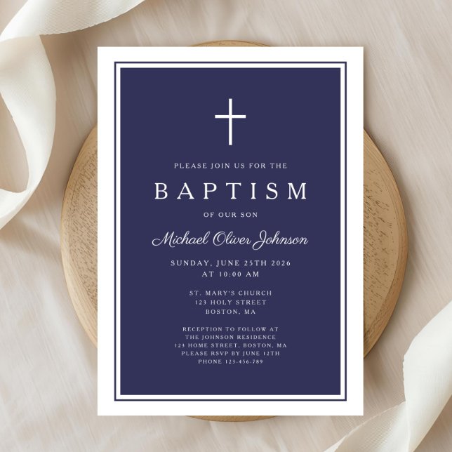 Invitación Elegant Navy Blue Cross Baby Boy Baptism (Elegant Navy Blue Cross Baby Boy Baptism Invitation)