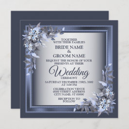 Invitación Elegant Navy Blue Floral Framed Silver Wedding
