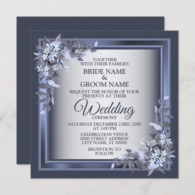 Invitación Elegant Navy Blue Floral Framed Silver Wedding (Anverso / Reverso)