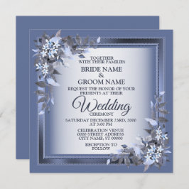Invitación Elegant Navy Blue Floral Framed Silver Wedding