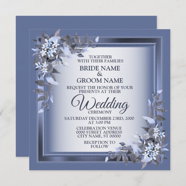 Invitación Elegant Navy Blue Floral Framed Silver Wedding (Anverso / Reverso)