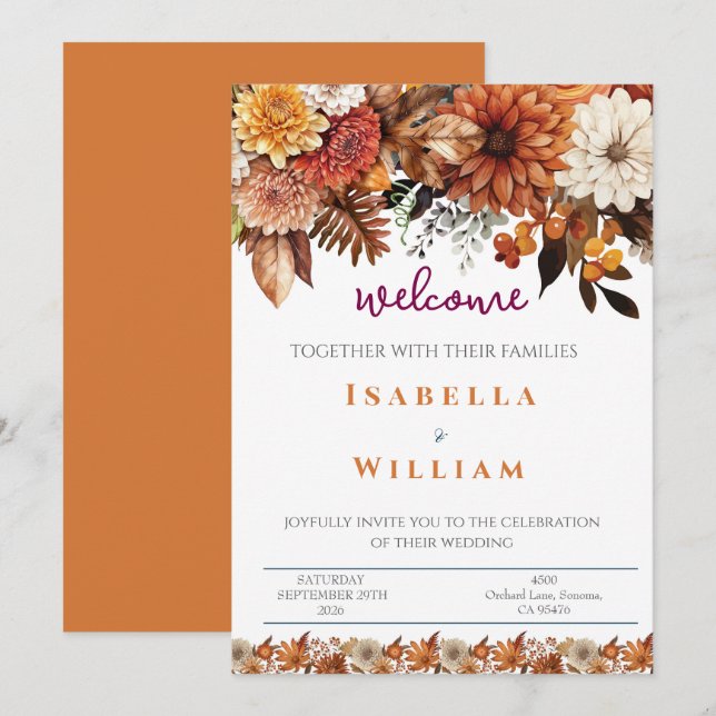 Invitación Elegant  Navy Blue Floral Wedding (Anverso / Reverso)