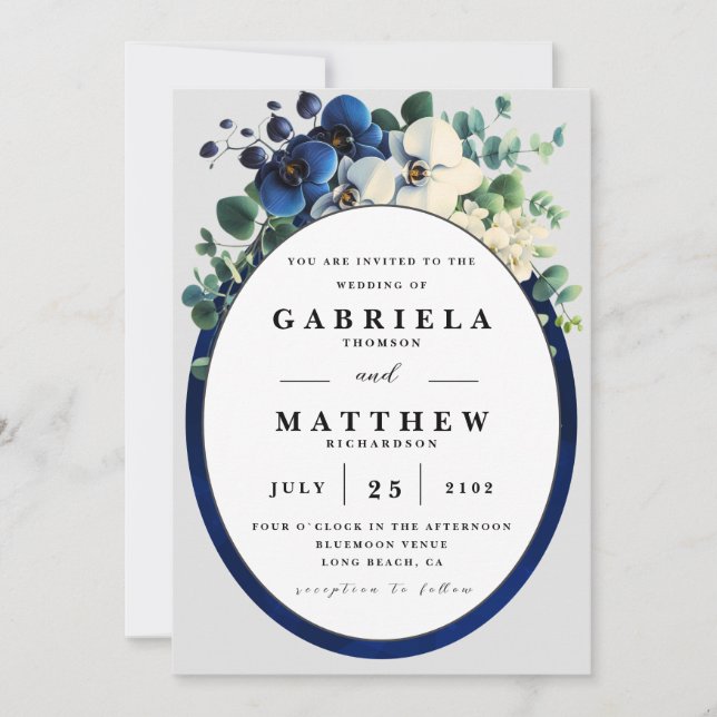 Invitación Elegant Navy Blue Floral Wedding Invitation | Edit (Anverso)