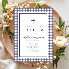 Invitación Elegant Navy Blue Gingham Boy Baptism