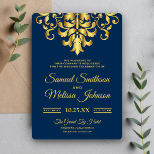 Invitación Elegant Navy Blue Gold Damask Wedding Invitation