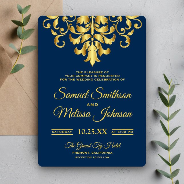 Invitación Elegant Navy Blue Gold Damask Wedding Invitation (Subido por el creador)