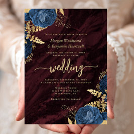Invitación Elegant Navy Blue Gold Floral Burgundy Wedding