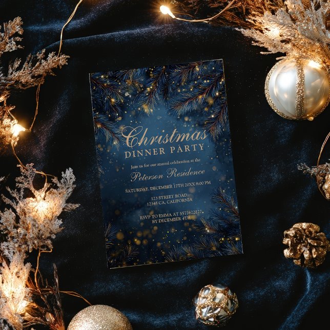 Invitación Elegant Navy Blue Gold Lights Pine Party Christmas (Elegant Navy Blue Gold Lights Pine Party Christmas Invitation)