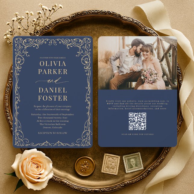 Invitación Elegant Navy Blue Gold QR Code Photo Wedding (Subido por el creador)