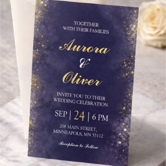 Invitación Elegant Navy Blue & Gold Wedding Invitation (Subido por el creador)