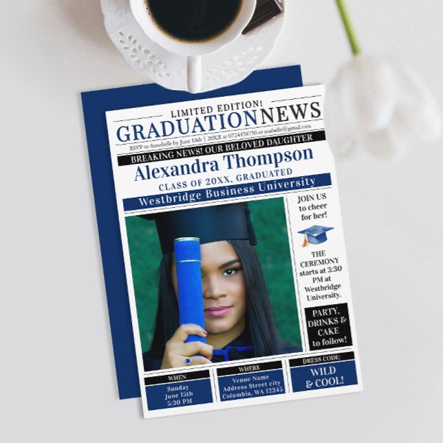 Invitación Elegant Navy Blue Graduate Newspaper Breaking News (Subido por el creador)