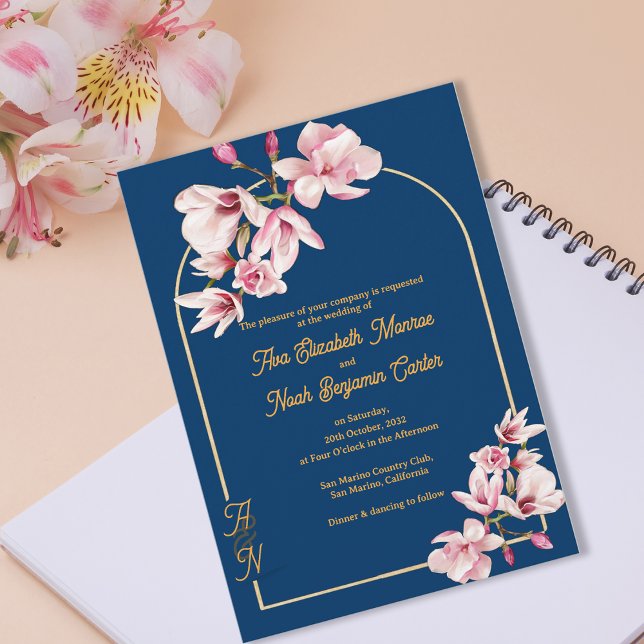 Invitación Elegant Navy Blue Magnolia Floral Wedding (Elegant Navy Blue Magnolia Floral Wedding Invitation)
