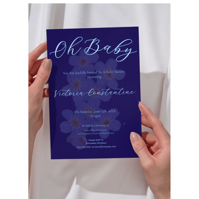Invitación Elegant Navy Blue Oh Baby Script Floral Photo (Subido por el creador)