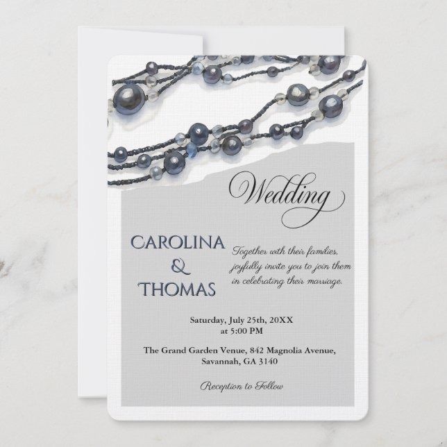Invitación Elegant Navy Blue Pearl Watercolor Modern Wedding  (Anverso)