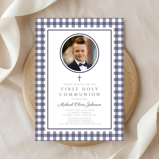 Invitación Elegant Navy Blue Photo Boy First Communion (Elegant Navy Blue Photo Boy First Communion Invitation)