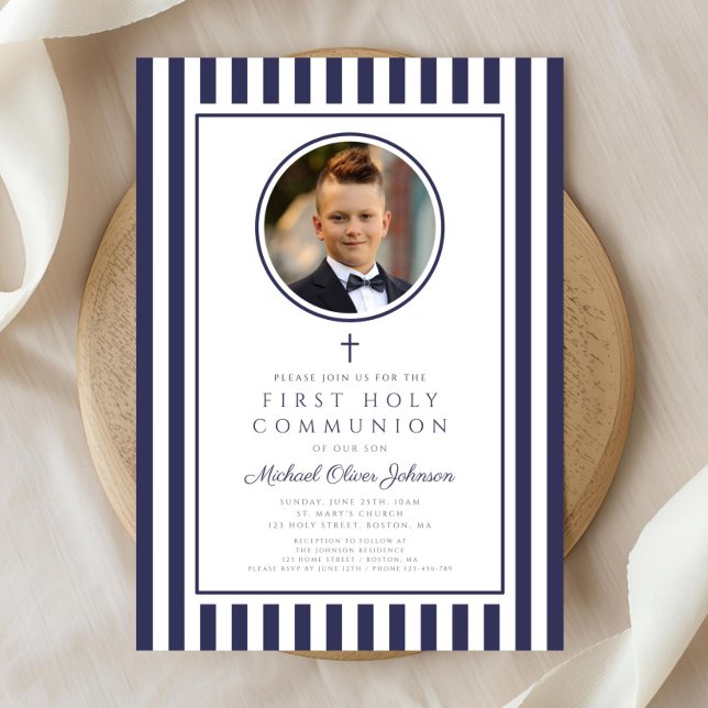 Invitación Elegant Navy Blue Photo Boy First Communion (Elegant Navy Blue Photo Boy First Communion Invitation)