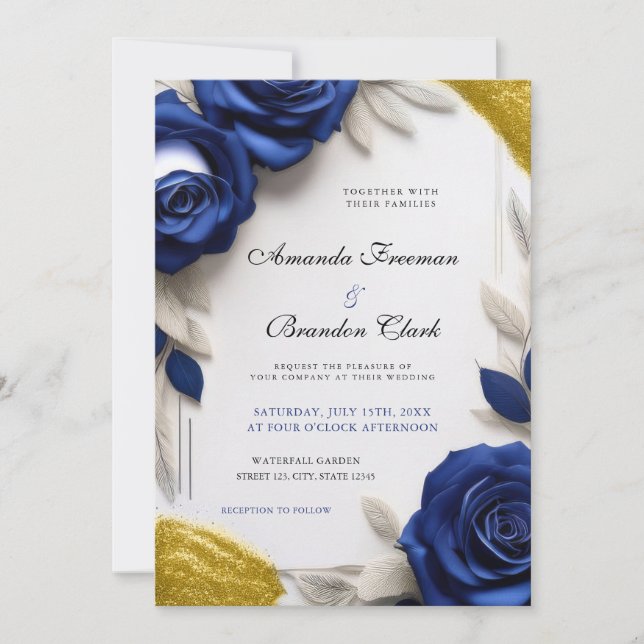 Invitación Elegant Navy Blue Roses & Gold Glitter Wedding (Anverso)