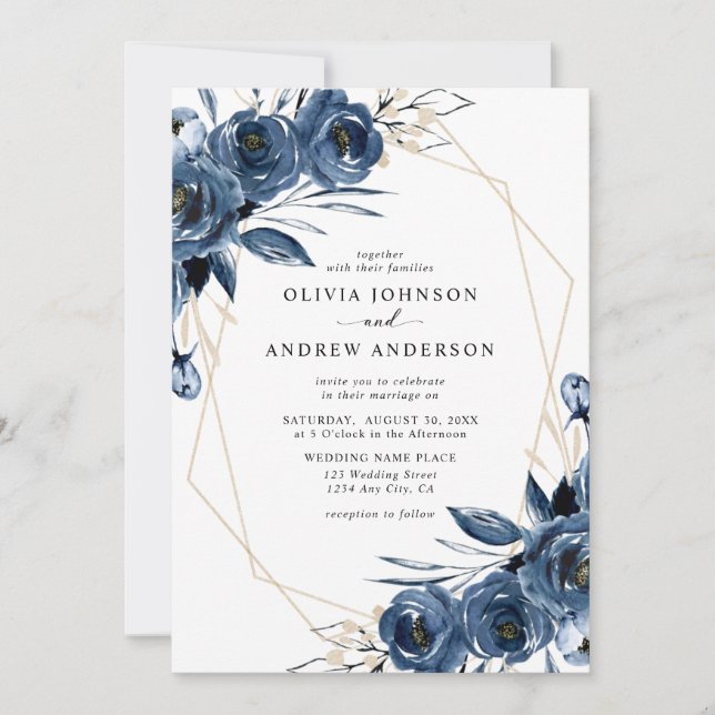 Invitación Elegant Navy Blue Silver Geometric Floral Wedding (Anverso)