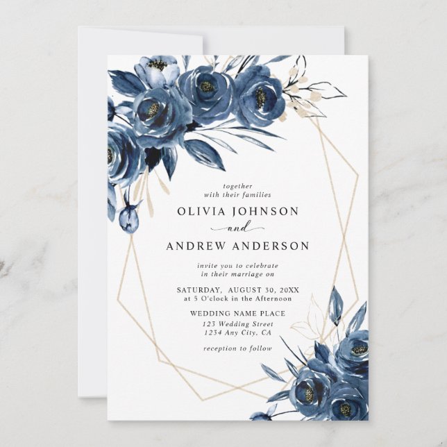 Invitación Elegant Navy Blue Silver Geometric Floral Wedding (Anverso)