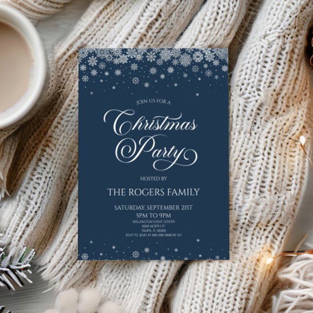 Invitación Elegant Navy Blue Snowflake Winter Christmas Party (Subido por el creador)