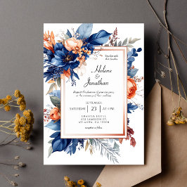 Invitación Elegant Navy Blue Terracotta Floral Boho Wedding