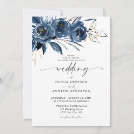 Invitación Elegant Navy Blue Watercolor Floral Wedding
